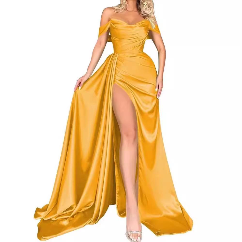 Annual banquet high split sexy host shoulder thin party evening dress