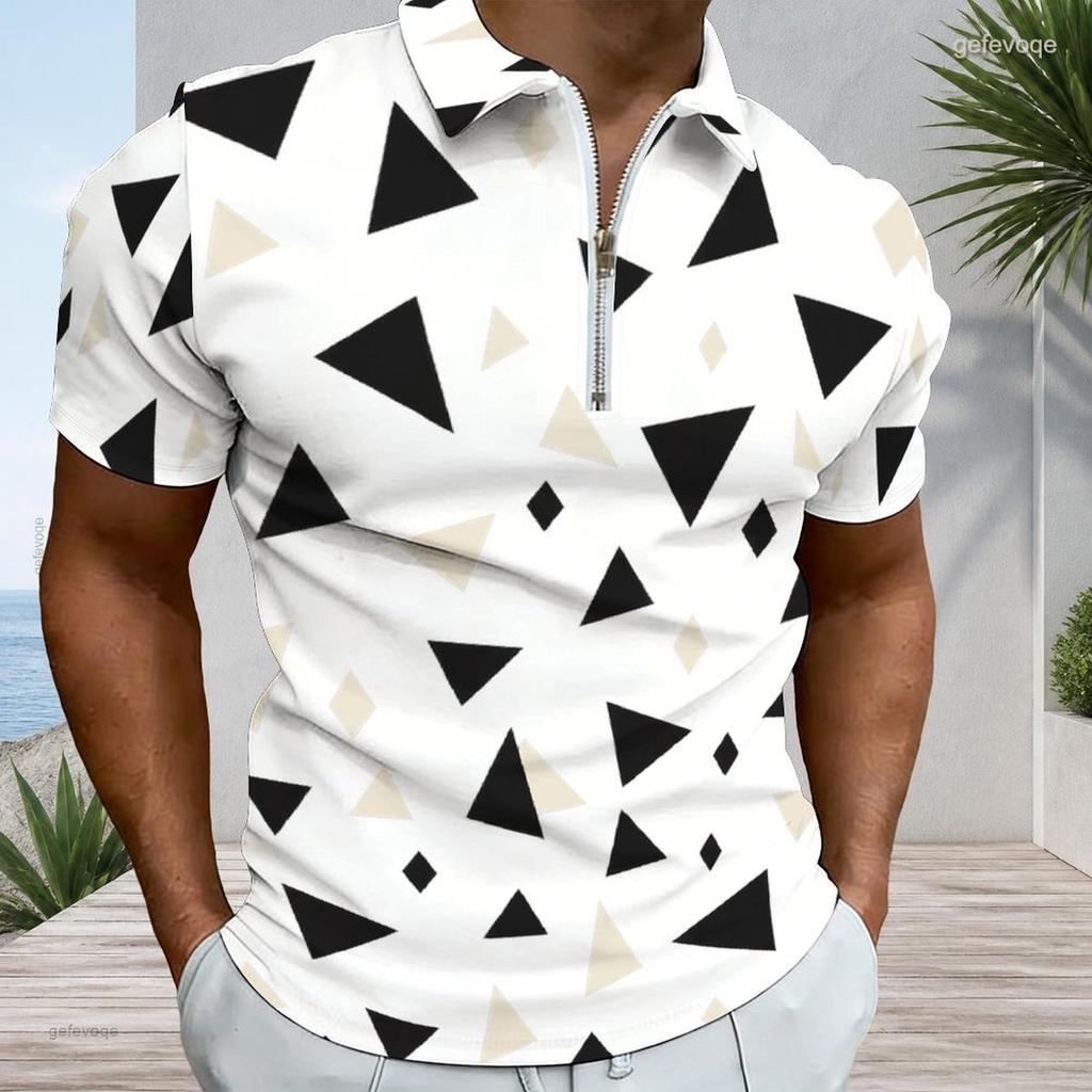 Men Plus Size Short Sleeve Quarter Zip Collared Polo Shirt Geometric Printed White Black Orange