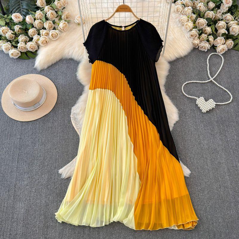 

Summer New Arrival 2024 Plus Size Short Sleeve Mid Length Long Length Dress Female Loose Slimming Patchwork Contrast Color Fresh Temperament Dress Black Orange apricot All yards