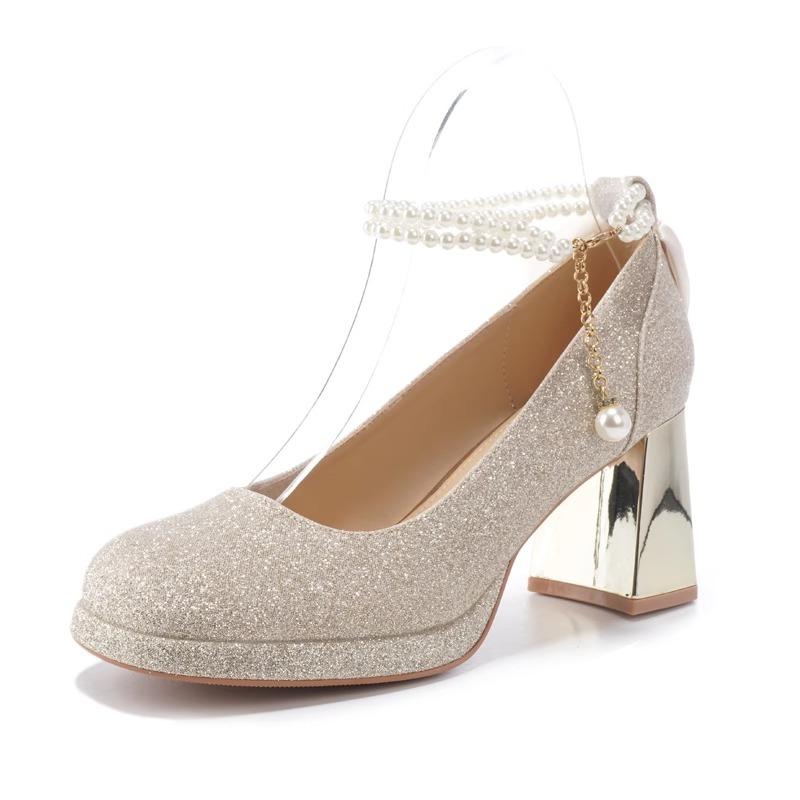 

Мода 2025 Лето Туфли Мэри Джейн Женские Высокие Каблуки Круглый Носок Ремешок с Пряжкой из Строки Бусин Массивные Каблуки Блестящие Туфли-Лодочки для Модного Платья Вечеринки 40