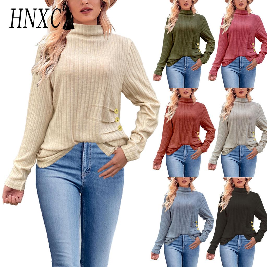 HNXC Women's Autumn and Winter Frosted Striped Knitted High-neck Side-buttoned Women's Top Sweaters