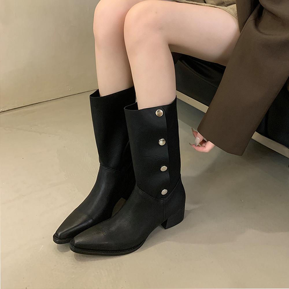 

Short boots autumn new soft skin polished boots metal hidden buckle can be folded two wear retro thick heel western boots 35 чорний