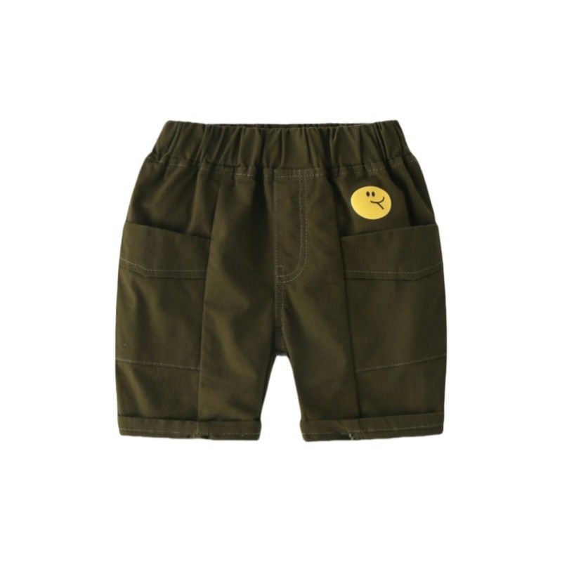 Children s Summer Shorts, Boys  Casual Pants, Baby Boy Pocket Smiley Face Mid-Length Shorts, Toddler Shorts, Pure Cotton Army Green Pocket Smiley Mid-Length Pants 140