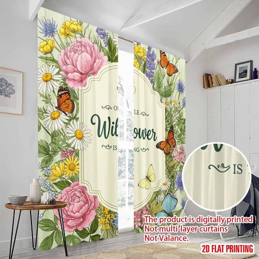 2pcs 2D Flat Printing Curtains Wildflower Birthday First Butterfly Polyester Without Electricity Holiday Decorations for Parties