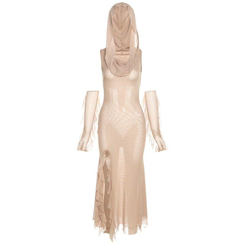

Hooded Dress Fashion Dune Waste Soil Balaclava Design Pure Color Dress Retro Sexy Split Maxi Dress Female Khaki S