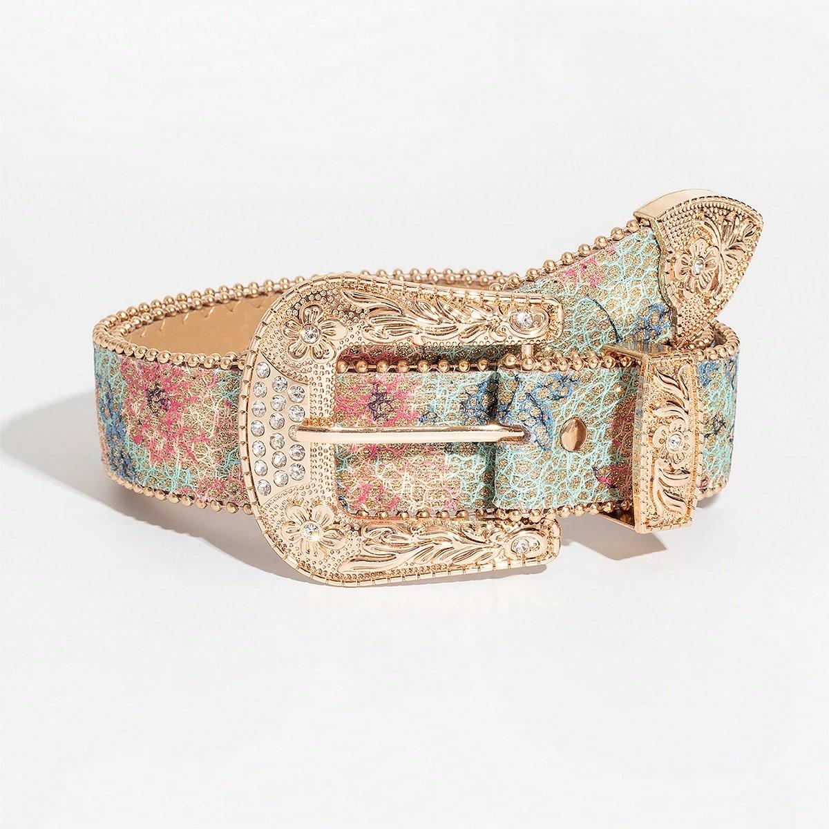 1 stuks Dames Lichte Luxe Elegante Uitgesneden Metalen Gesp Multi-Bloemen Glitters Print Kralen Riem Jeans Riem 102cm beige