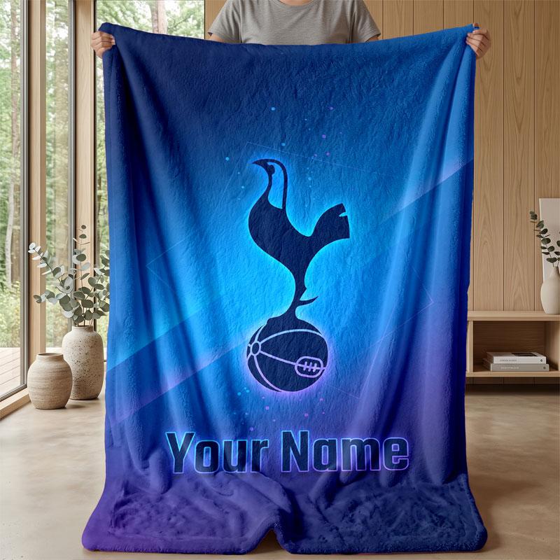 Tottenham Hotspur FC Custom Name Text Flannel Blanket Soccer Logo Personalized Fleece Throw Blanket Special Gift For Sofa Bedroom Home