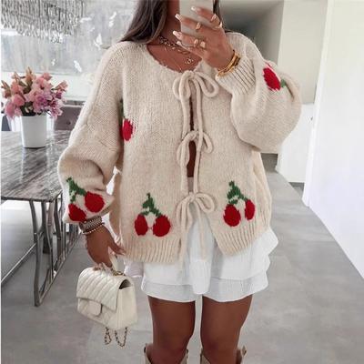 Women Open Front V Neck Long Sleeves Lace-Up Crocheting Cherry Knit Sweater Cardigan Coat