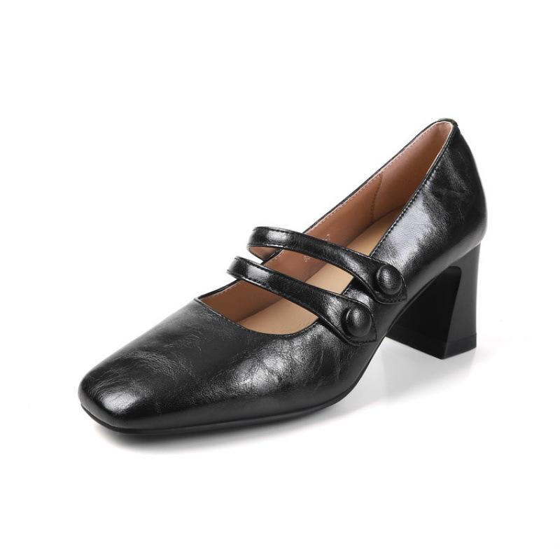 New Women's Fashion Single Shoes Solid Color High Heel Comfortable Cowhide Single Shoes Square Head Buckle Non-slip Cowhide Sole Large Size Shoes