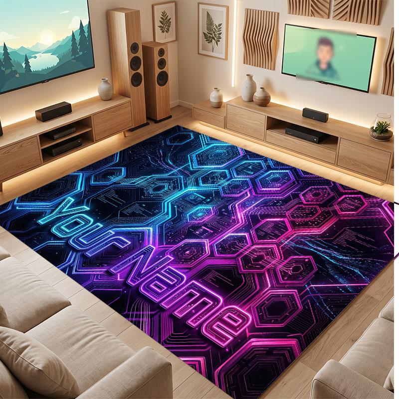 City Cyberpunk Theme Crystal Velvet Floor Rug Personalized Custom Name Text Warm Carpet Home Decoration