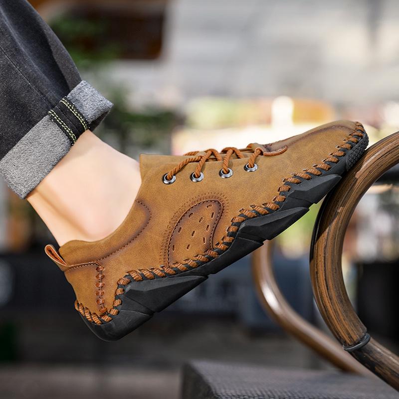 Men Brown Moccasins Hiking Shoes Handmade Black Flats Driving Shoes Casual Wide Head Shoes Plus Size