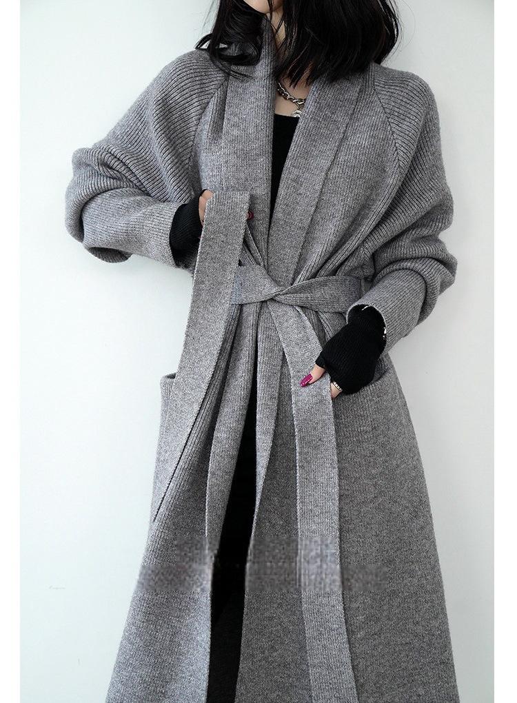 Premium sweater cardigan women's autumn and winter medium and long loose knitted jacket loose lazy bathrobe lace-up coat