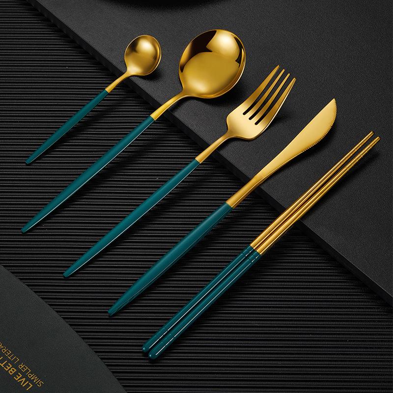 5-piece Stainless Steel Tableware Set Household Black Gold Chopsticks Spoon Green Gold Tableware Set Red Gold Luxury Tableware Set