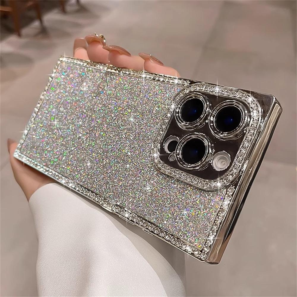 Luxury Rhinestone Squares Bling Glitter Phone Case For iPhone 17 Air 16 15 Plus 14 13 Pro Max Plating Bumper Shockproof Cover