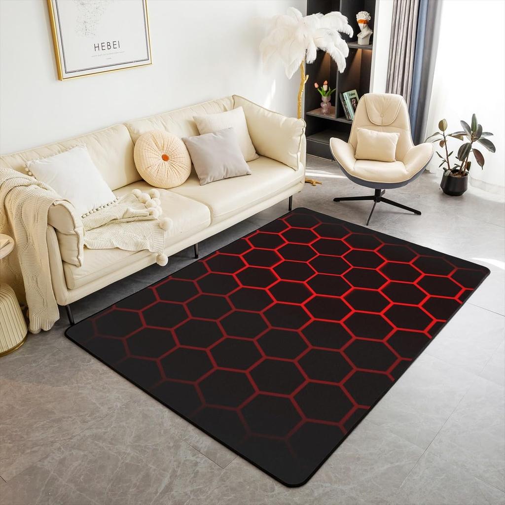 Tech Glow Hexagon Themed Rug,Anti-Slip Mat with Blue Green Neon Honeycomb for Living Room Game Room,Futuristic Decorative Carpet