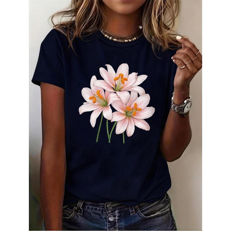 Women's Summer Tops Casual Short Sleeve T Shirt Pink Lily Flower Print Design Casual & Themed Event Stretchy Fabric