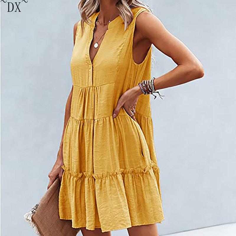 DX~~2023 Summer Europe and America V-neck Sexy Solid Color Dress Irregular Splice Sleeveless Commuter Big Swing Dress Women