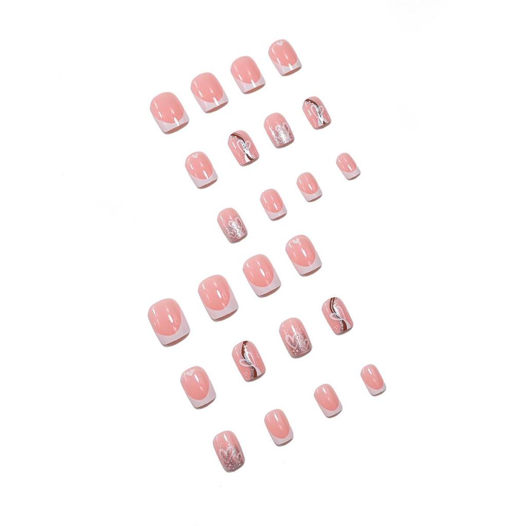 Sweet and Cute Glitter Heart White French Nails - European and American Style