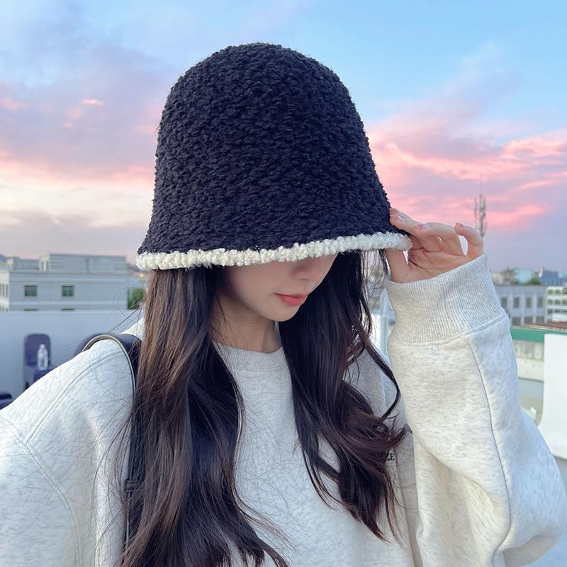Lamb Wool Bucket Hat Autumn and Winter Ins Big Head Circumference Color Matching Knitted Bucket Hat Versatile Warm Plush Basin Hat