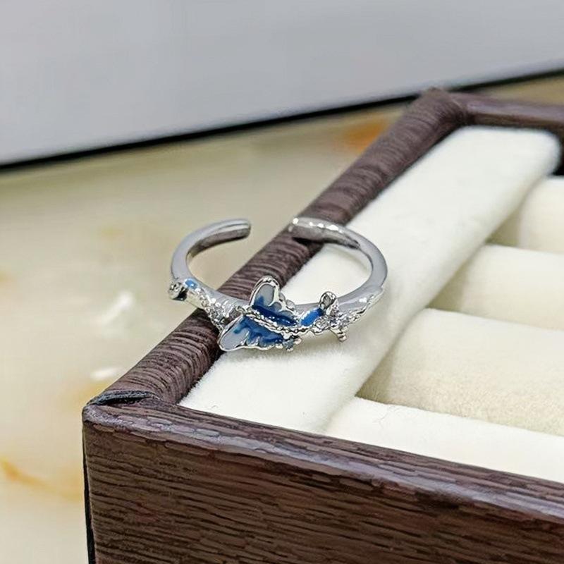 Blue Enamel Oil Drop Butterfly Open Ring Full Of Diamonds Zircon Light Luxury High Sense Super Fairy Flash White Ring Woman