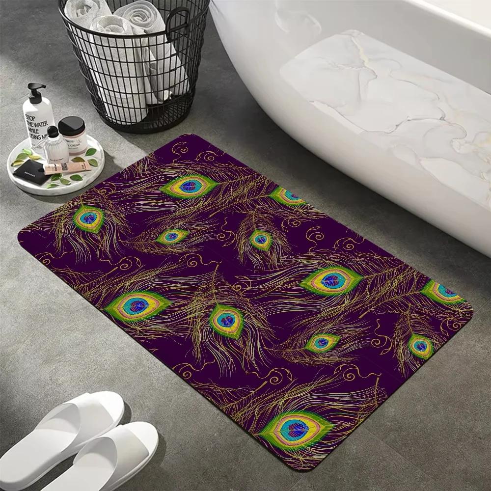 Peacock Feather Printed Floor Mat Vintage Bathtub Side Living Room Bathroom Rug Anti Slip Home Decoration Carpet