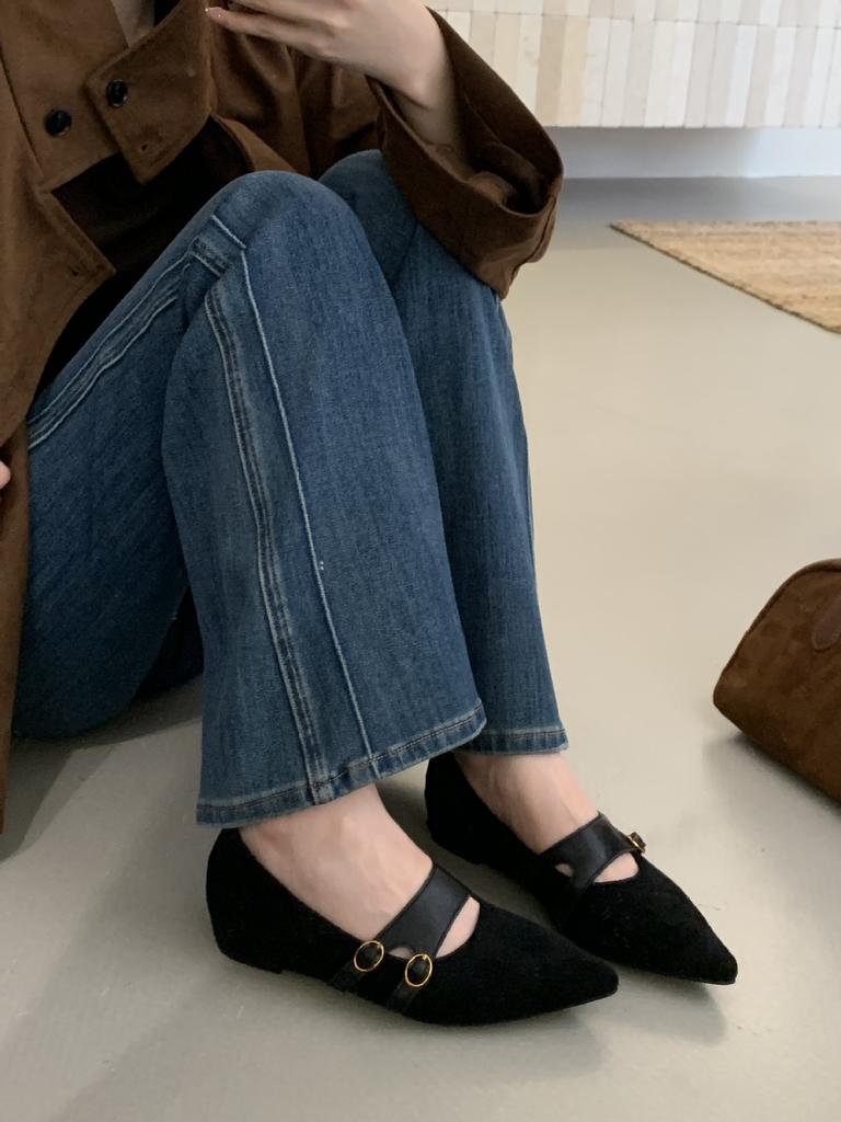 Retro pointed matte splicing one-word buckle shallow mouth single shoes women's inner height increase shallow mouth temperament work shoes