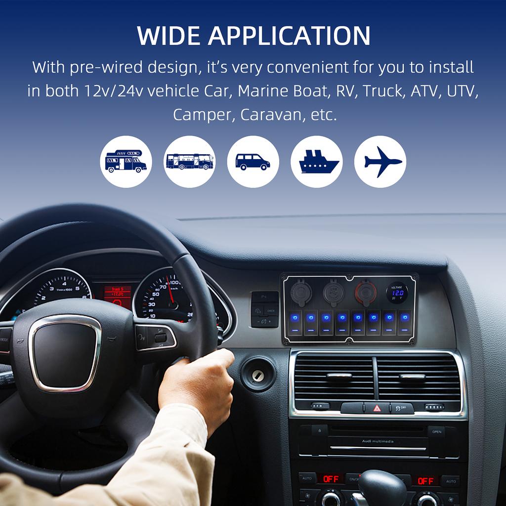 2/4/6/8 Group Waterpoof Switch Panel Dual USB Socket Digital Voltmeter Cigarette Lighter Power Outlet Dual Blue Light 12/24V
