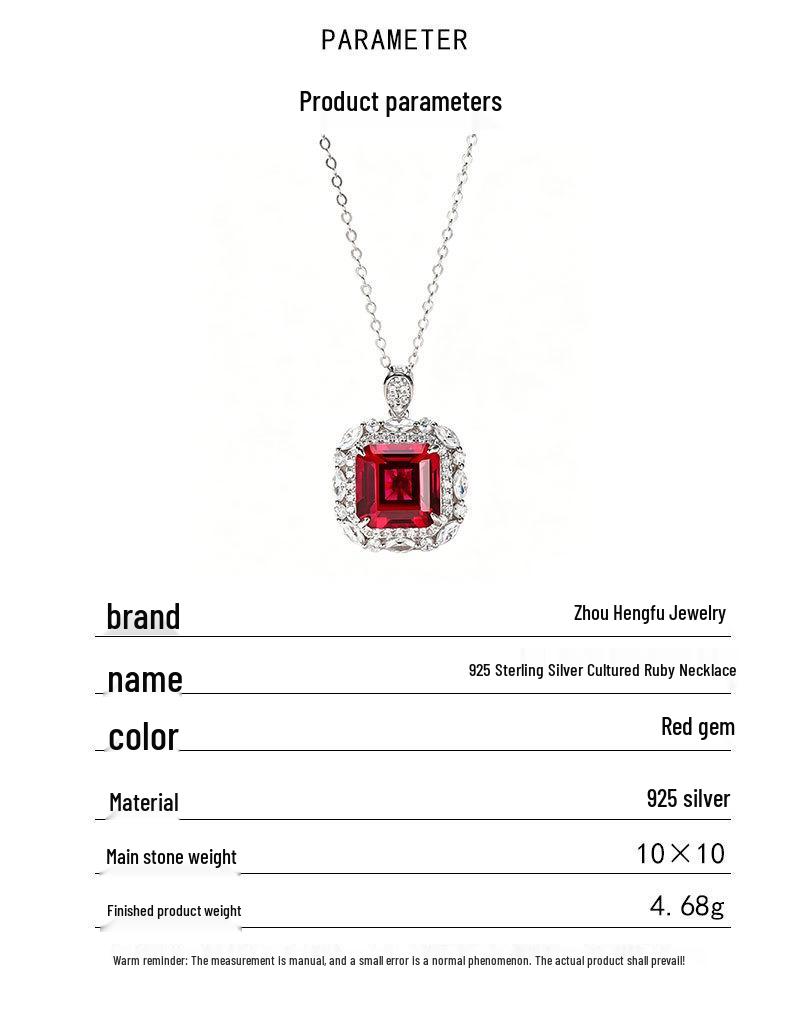 S925 Sterling Silver Cultured Ruby Necklace for Women, Full Diamond Bezel Setting, Elegant Daily Wear Gift.