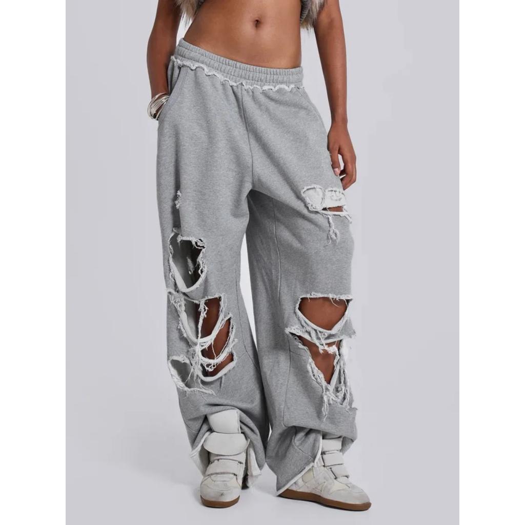 VIONA Graue Ripped Damen Hose Y2k Jogging Weites Bein Amerikanischer Retro Hip Hop Jogginghose Übergröße Baggy Lässig Streetwear Sommer