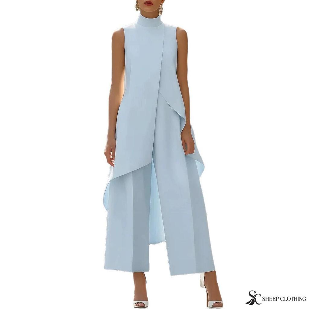 Women's High Neck Asymmetrical Sleeveless Top and Wide Leg Pants Two Piece Set