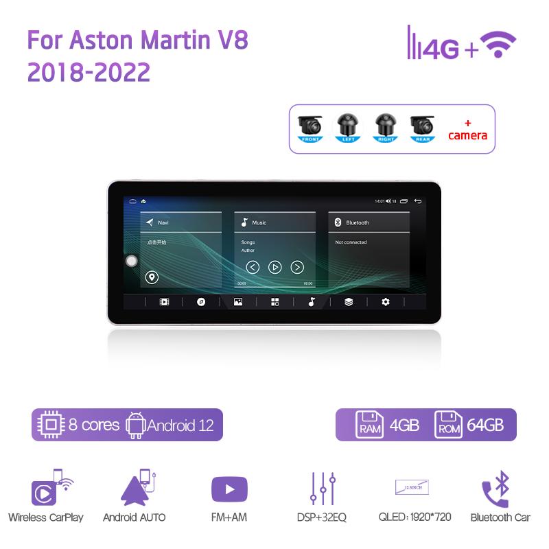 12.3Inch For Aston Martin V8 2018-2025 Car Multimedia Video Player GPS Navigation Radio Android12 8Core CarPlay 4G 360Camera