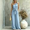 [Factory direct sales] New European and American cross-border women's clothing sexy slanted shoulder high waist drape and thin holiday jumpsuit
