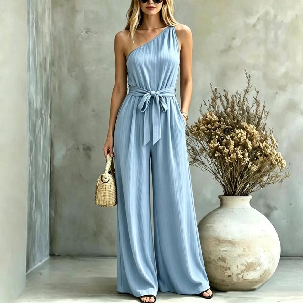 [Factory direct sales] New European and American cross-border women's clothing sexy slanted shoulder high waist drape and thin holiday jumpsuit