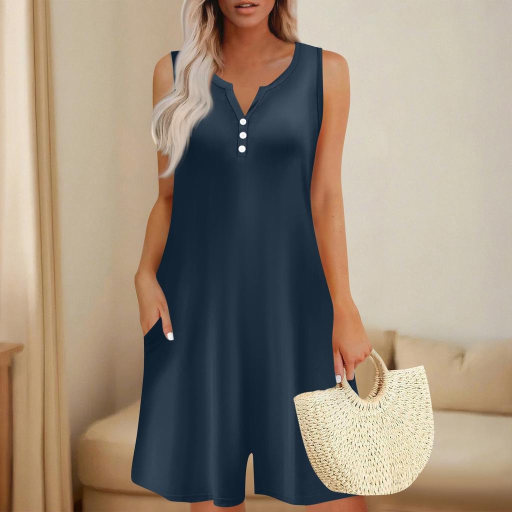 Women's Fashionable And Casual Sleeveless Button-pocket One-piece Shorts