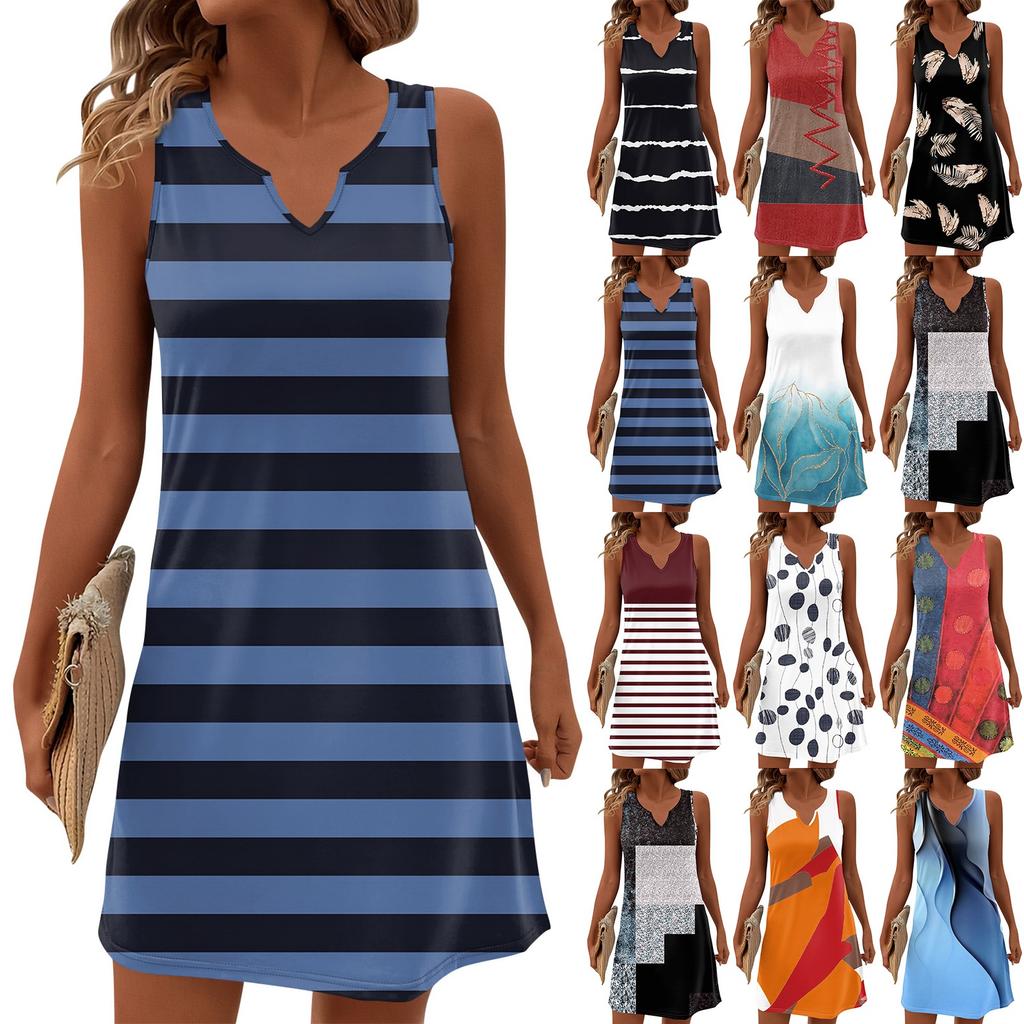 Vestito estivo da donna con scollo a V, senza maniche, con stampa, casual