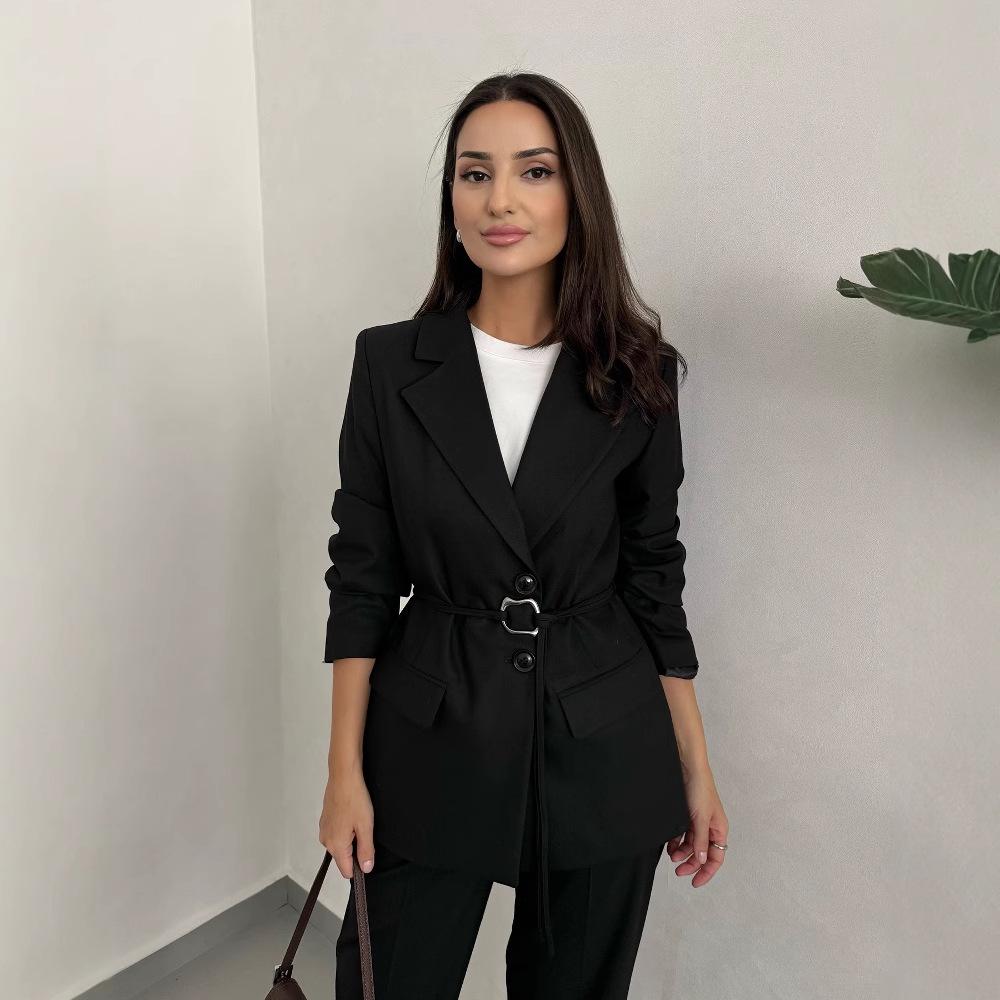 2024 Autumn Women's Solid Color Waist-Tie Slim-Fit Blazer & Long Pants Set