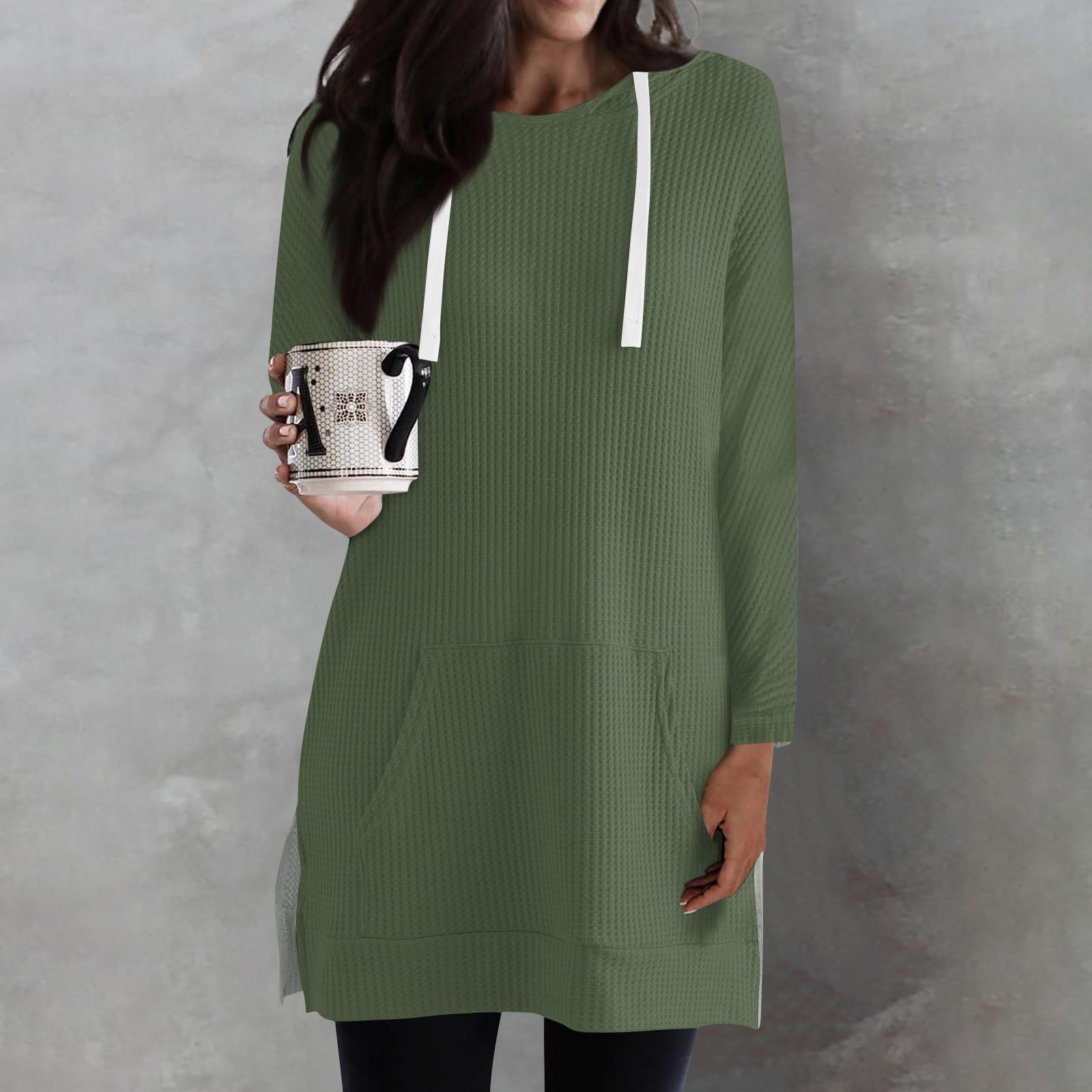 

Женские однотонные свободные рубашки с длинным рукавом, толстовки с капюшоном и завязками, трикотажные туники с боковыми разрезами и карманами L армия зеленый