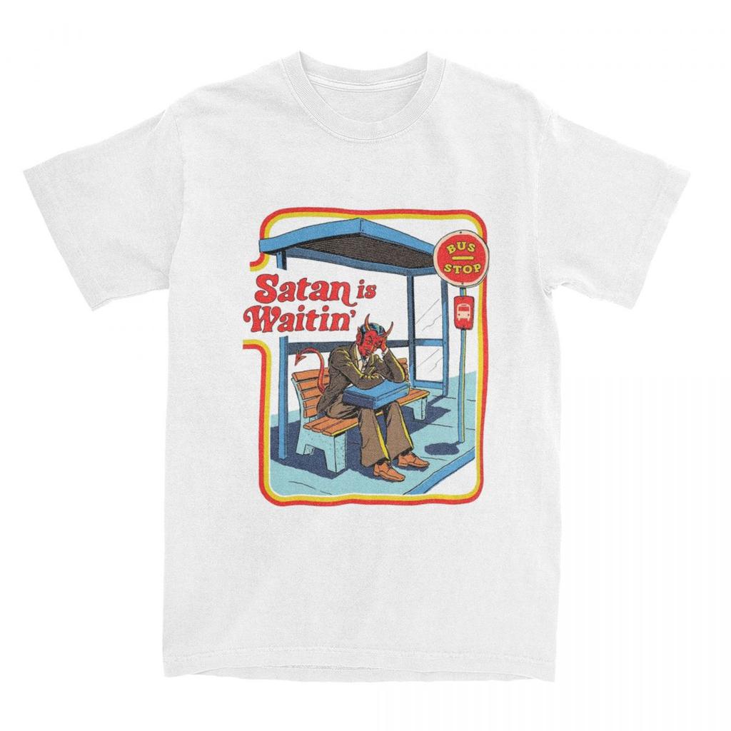 Satan Is Waiting Funny Vintage Dark Art Men Women's T Shirts Humor Pulp Art Apparel Novelty Tees T-Shirts 100% Cotton   Clothing