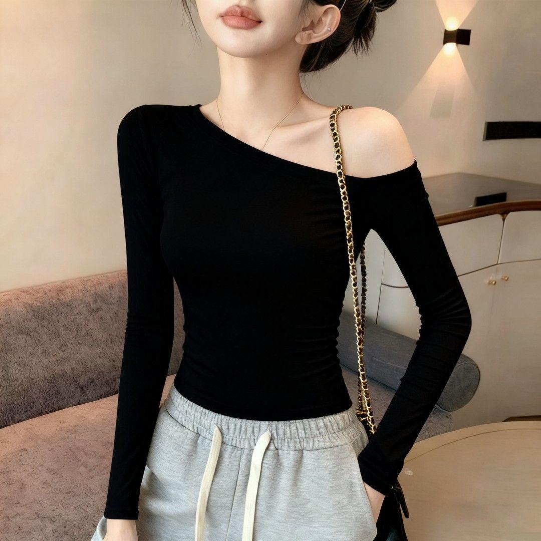 

95% Cotton Black One-Shoulder Long Sleeve Slim Fit Off-the-Shoulder Women s Top M (Weight 95-105) чорний