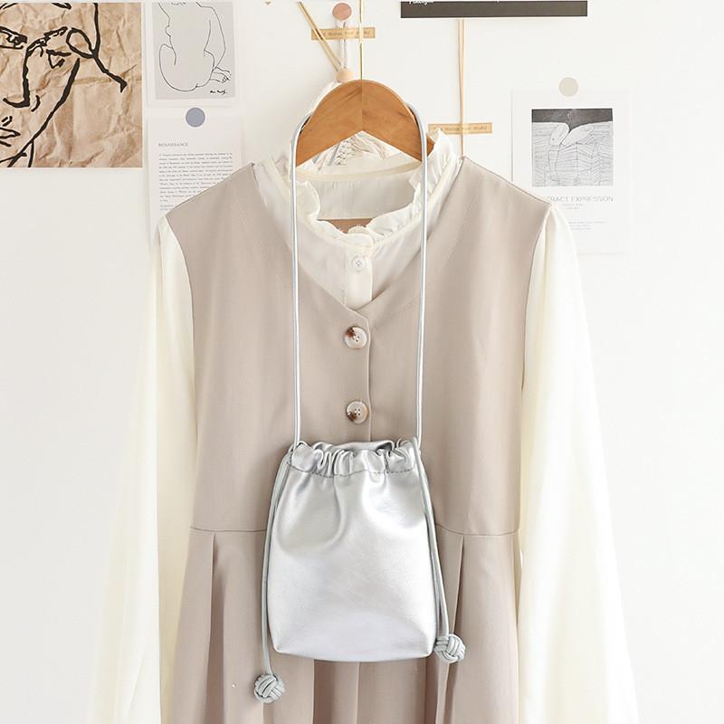 IELGY Korean Version All-Match Mini Drawstring Bucket Bag Retro Texture Soft Leather Shopping Mobile Phone Bag Cute Shoulder Crossbody