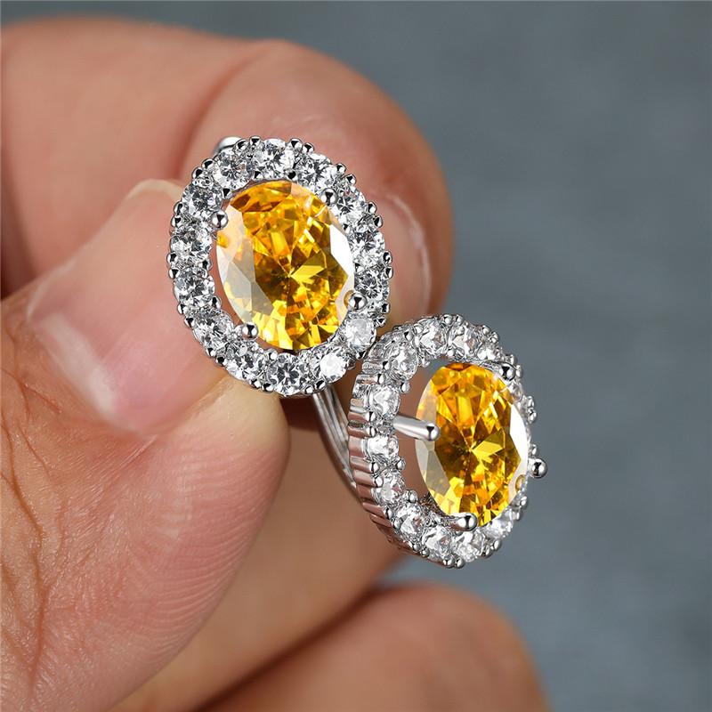 Luxury Crystal Yellow Oval Stone Earrings Multicolor Zircon Small Hoop Earrings Classic Silver Color Wedding Earrings For Women
