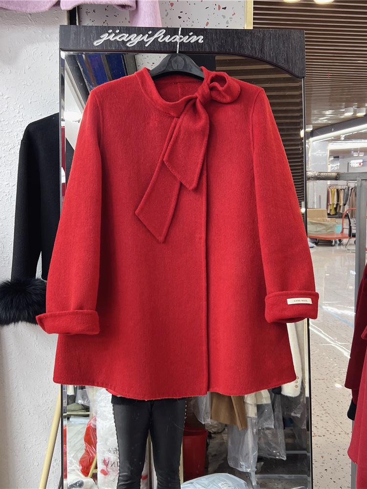 Women's Red Bow Ribbon Cashmere Coat - French Sweet Rich Girl Style, Double-Sided Woolen Petite Coat for New Year