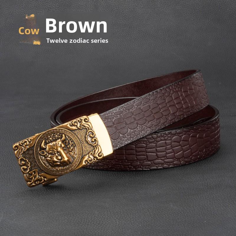 Meier Men's genuine leather belt - zodiac alloy automatic buckle - premium top grain cowhide jeans belt