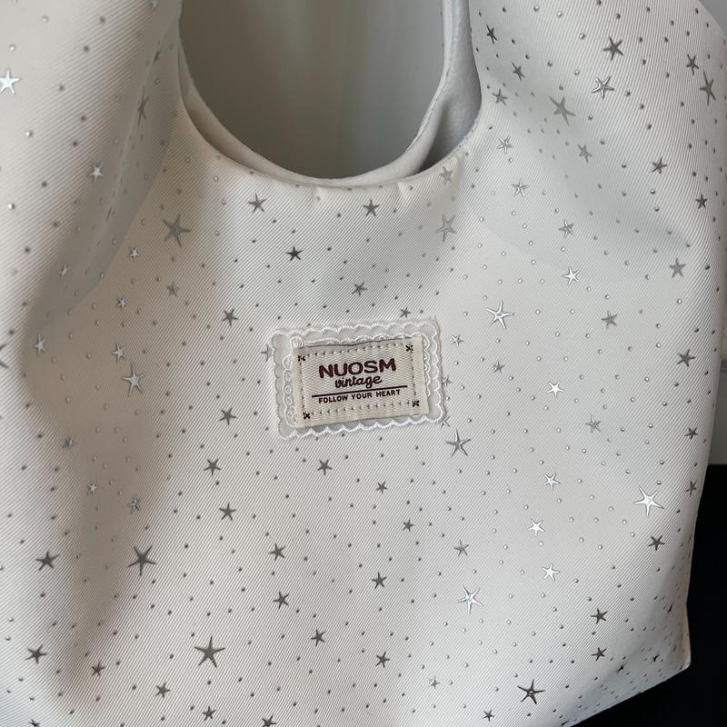 Fashi Solid Nyl Youth Women's Tote Bag Star Print Large Capacity Casual Shoulder Bags School Work Travel Daily Use Handbag