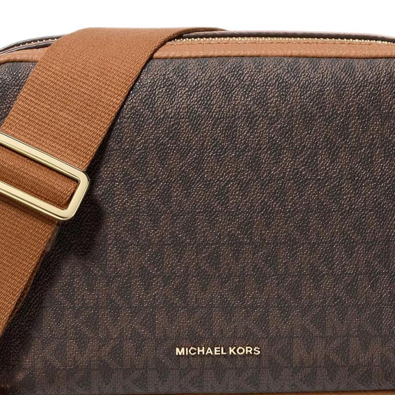 Michael Kors Bryant Signature Logo Print Faux Leather Crossbody Shoulder Bag Medium Women's Dark Brown and Acorn Brown
