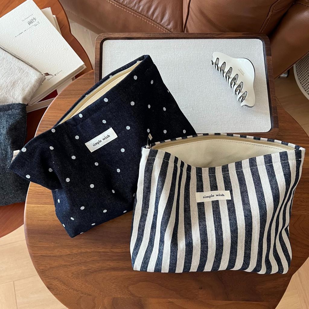 Polka Dot Striped Solid Color Denim Canvas Cosmetic Bag Female Clutch Literary Retro Large Capacity
