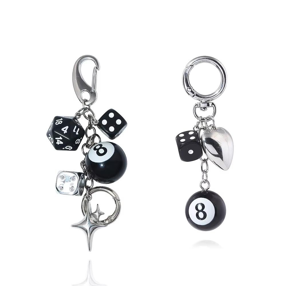 Punk Hiphop Black Dice No. 8 Billiards Keychain Y2K Pink Lucky Dice Starburst Pendant Bag Charms Hangings Ornament Accessories