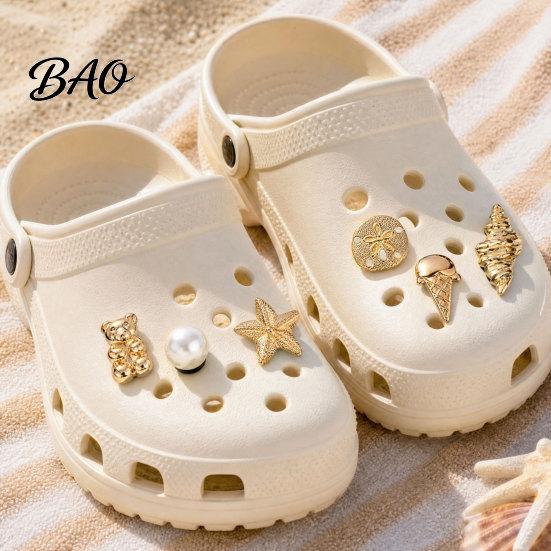 Gold Finish Shoe Charms 6Pcs/Set Gold-Tone Charms, Summer Ice Cream Shell Starfish Clog Accessories for Clogs Women Girls Beach Footwear Decor