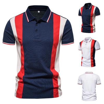 2021 Summer Men's Lapel Short Sleeve Polo with Colorful Striped Patchwork - European & American Fashion.