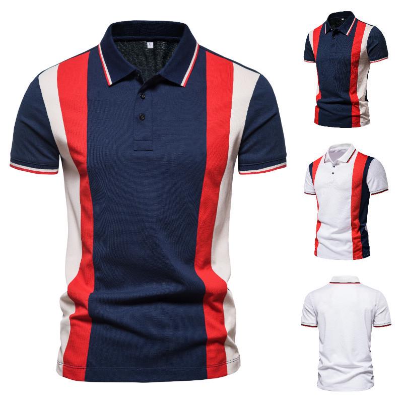

2021 Summer Men s Lapel Short Sleeve Polo with Colorful Striped Patchwork - European & American Fashion. 3XL белый